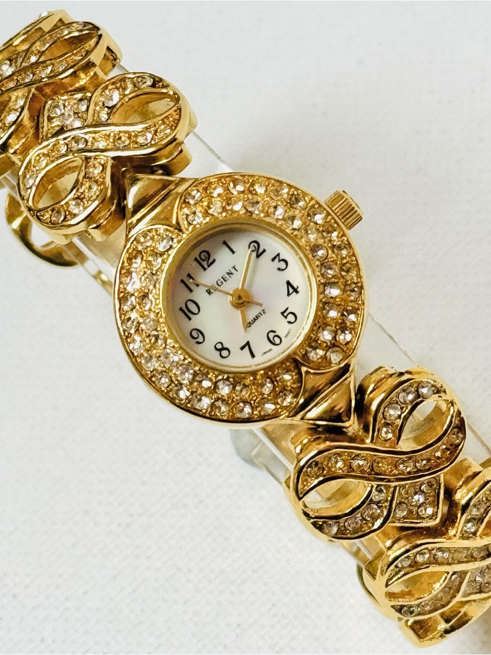 Vintage Regent Mother Of Pearl Women's Gold Bracelet Watch Infinity Crystals